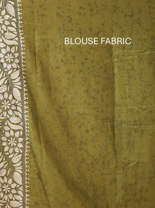 Olive Green Blended Bangalore Silk Saree with Hand Kantha Embroidery