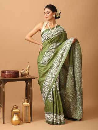 Olive Green Blended Bangalore Silk Saree with Hand Kantha Embroidery