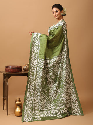 Olive Green Blended Bangalore Silk Saree with Hand Kantha Embroidery