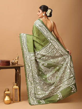 Olive Green Blended Bangalore Silk Saree with Hand Kantha Embroidery