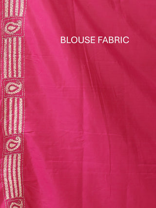 Fuchsia Pink Blended Bangalore Silk Saree with Hand Kantha Embroidery