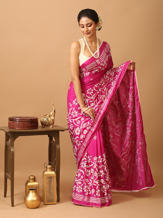 Fuchsia Pink Blended Bangalore Silk Saree with Hand Kantha Embroidery