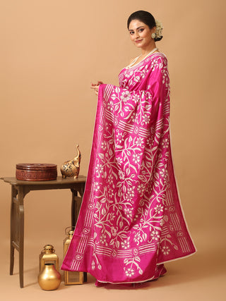 Fuchsia Pink Blended Bangalore Silk Saree with Hand Kantha Embroidery