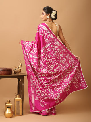 Fuchsia Pink Blended Bangalore Silk Saree with Hand Kantha Embroidery