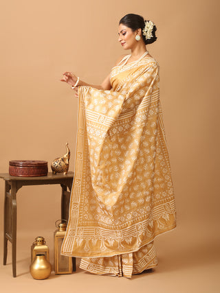 Sandal Colour Blended Bangalore Silk Saree with Hand Kantha Embroidery