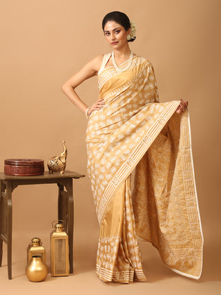 Sandal Colour Blended Bangalore Silk Saree with Hand Kantha Embroidery