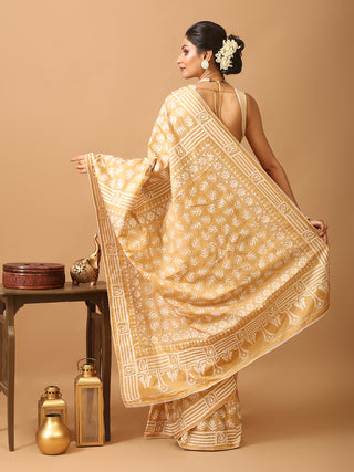 Sandal Colour Blended Bangalore Silk Saree with Hand Kantha Embroidery