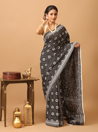 Black Blended Bangalore Silk Saree with Hand Kantha Work and Off-White Cord Piping