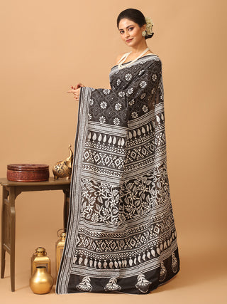Black Blended Bangalore Silk Saree with Hand Kantha Work and Off-White Cord Piping