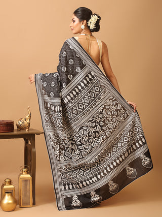 Black Blended Bangalore Silk Saree with Hand Kantha Work and Off-White Cord Piping