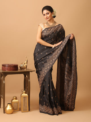 Black Blended Bangalore Silk Saree with Hand Kantha Embroidery
