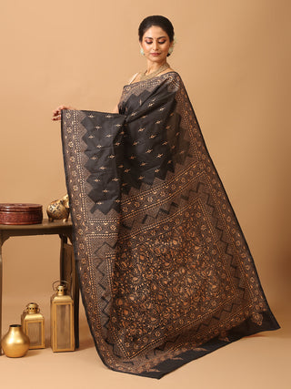 Black Blended Bangalore Silk Saree with Hand Kantha Embroidery