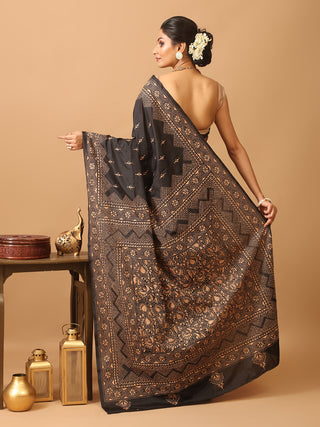 Black Blended Bangalore Silk Saree with Hand Kantha Embroidery