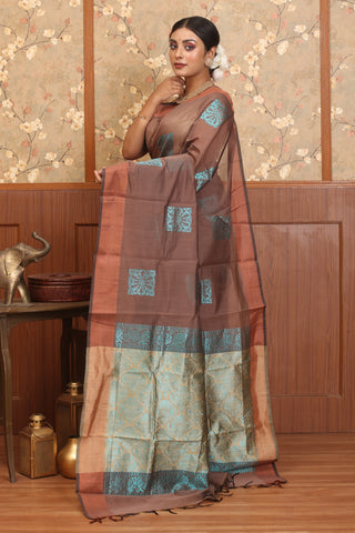 Brown Blended Silk Cotton Saree With Blue And Copper Zari Accents