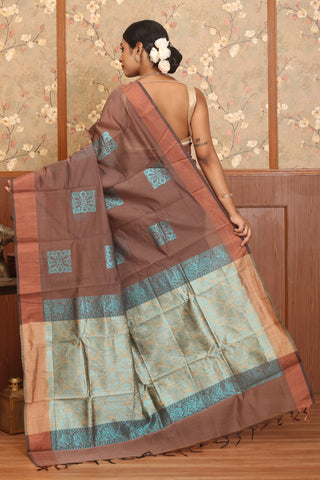 Brown Blended Silk Cotton Saree With Blue And Copper Zari Accents