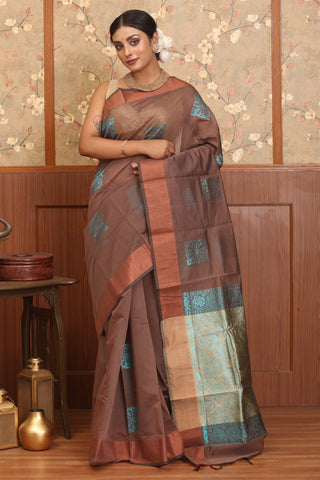 Brown Blended Silk Cotton Saree With Blue And Copper Zari Accents