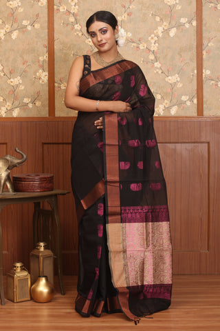 Black Blended Silk Cotton Saree with Running Blouse