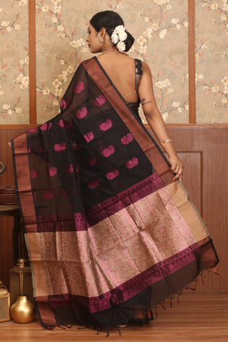 Black Blended Silk Cotton Saree with Running Blouse