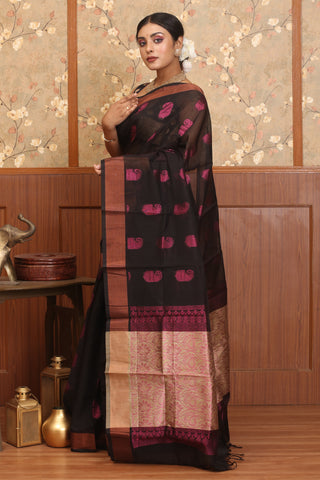 Black Blended Silk Cotton Saree with Running Blouse
