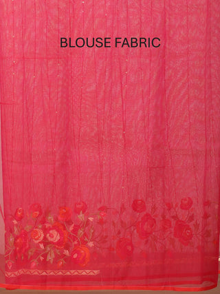 Fuchsia Bengal Muslin Saree with Multicolour Rose Embroidery