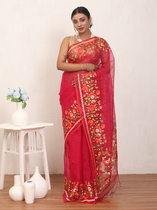Fuchsia Bengal Muslin Saree with Multicolour Rose Embroidery