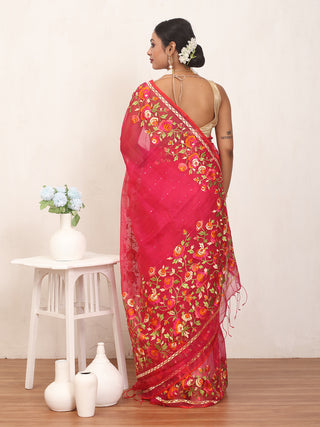 Fuchsia Bengal Muslin Saree with Multicolour Rose Embroidery