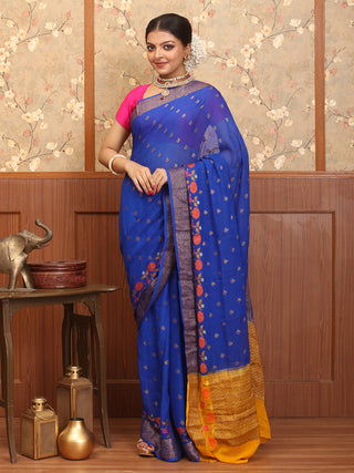 Royal Blue And Yellow Chiffon Banaras Handloom Saree