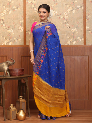 Royal Blue And Yellow Chiffon Banaras Handloom Saree