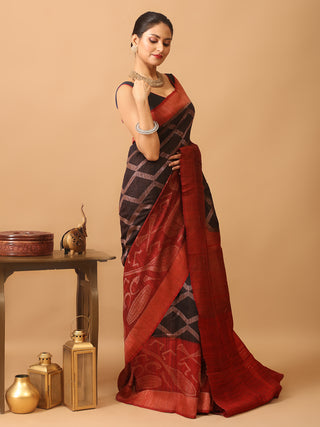 Black Banaras Handloom Dupion Silk Saree with Motifs of Musical Instruments