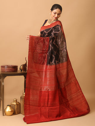 Black Banaras Handloom Dupion Silk Saree with Motifs of Musical Instruments