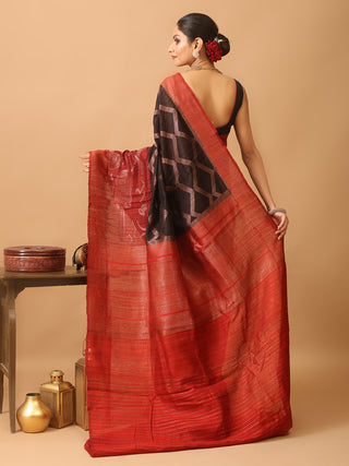 Black Banaras Handloom Dupion Silk Saree with Motifs of Musical Instruments