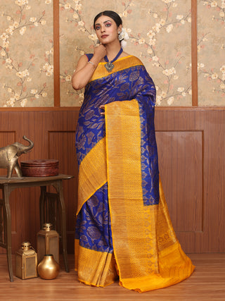 Royal Blue And Yellow Banaras Handloom Dupion Silk Saree