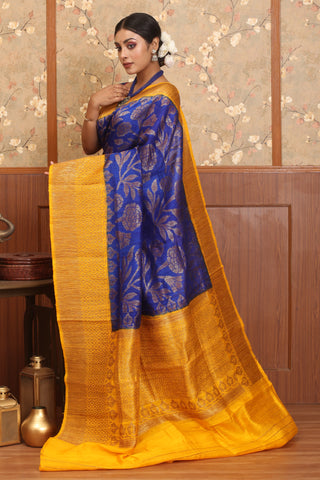 Royal Blue And Yellow Banaras Handloom Dupion Silk Saree