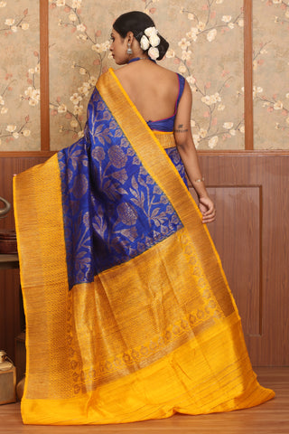 Royal Blue And Yellow Banaras Handloom Dupion Silk Saree