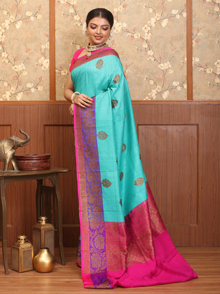 Turquoise And Magenta Banaras Handloom Dupion Silk Saree