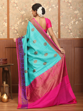 Turquoise And Magenta Banaras Handloom Dupion Silk Saree