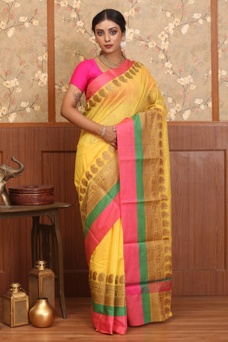 Yellow And Fuchsia Mercerised Cotton Banarasi Saree
