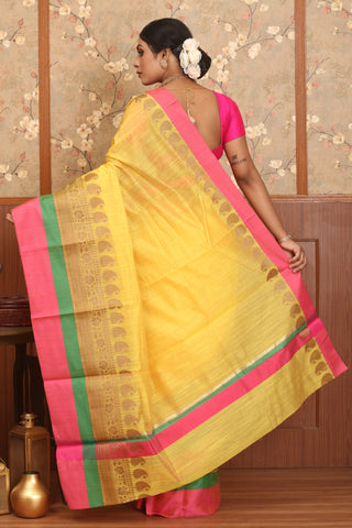 Yellow And Fuchsia Mercerised Cotton Banarasi Saree