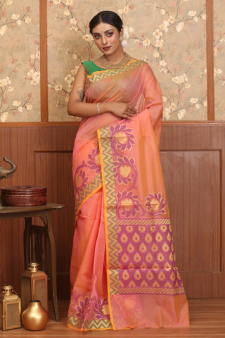 Sunset Pink Supernet Banarasi With Multicolour Weaves