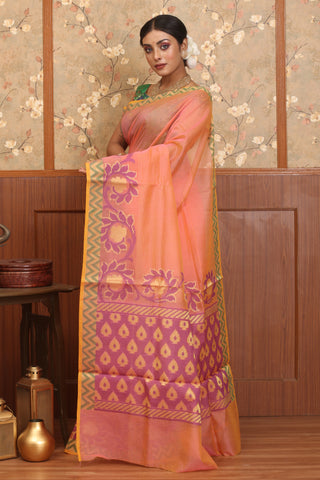 Sunset Pink Supernet Banarasi With Multicolour Weaves