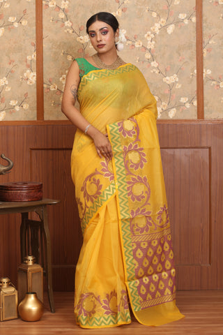 Yellow Supernet Banarasi With Multicolour Weaves