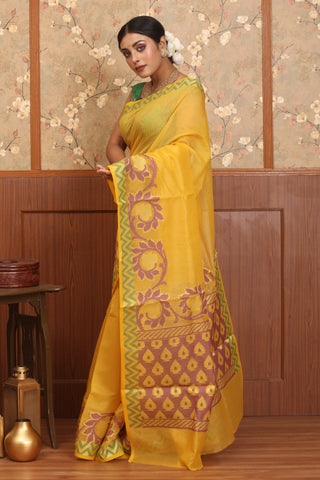 Yellow Supernet Banarasi With Multicolour Weaves