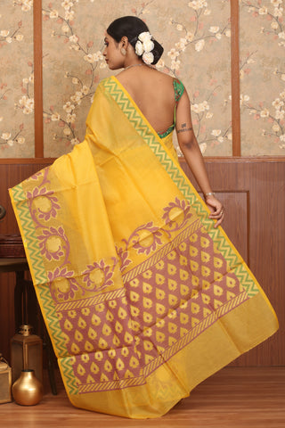 Yellow Supernet Banarasi With Multicolour Weaves