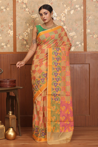 Sandal Colour Supernet Banarasi With Multicolour Weaves