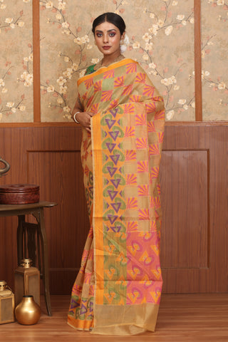 Sandal Colour Supernet Banarasi With Multicolour Weaves