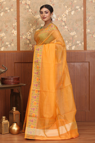 Light Orange Supernet Banarasi With Floral Border