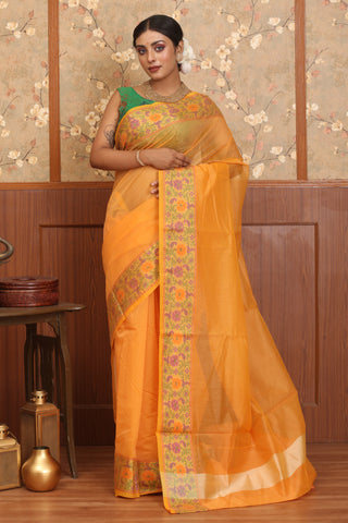 Light Orange Supernet Banarasi With Floral Border