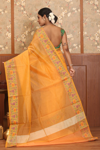 Light Orange Supernet Banarasi With Floral Border