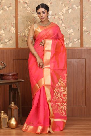 Sunset Pink Mercerised Cotton Banarasi With Grand Pallu