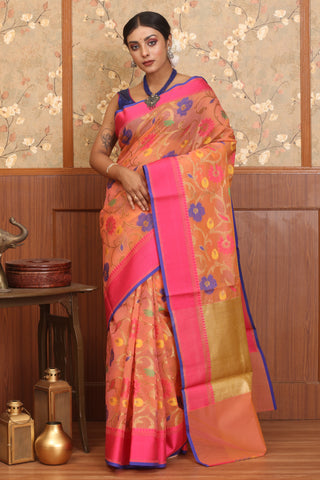 Sunset Pink Supernet Patola Banarasi With Multicolour Weaves